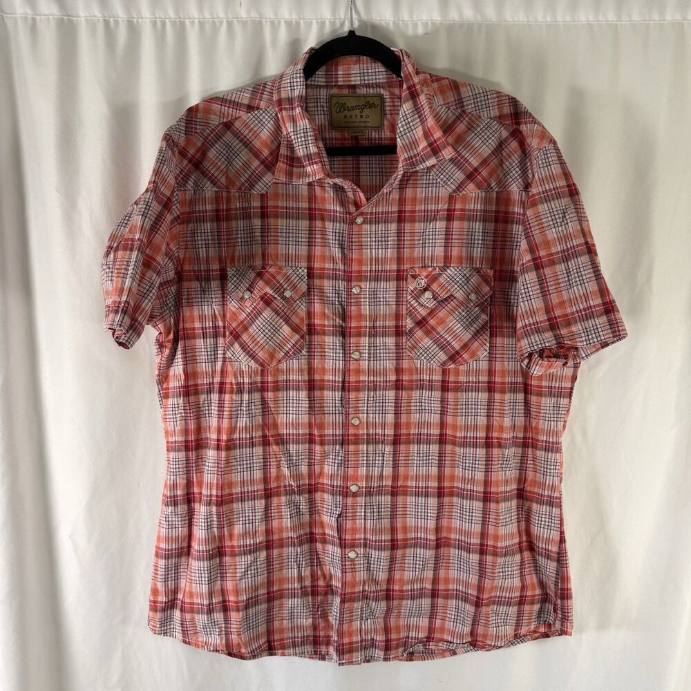 Wrangler Retro Pearl Snap Shirt Men's XXL Orange Plaid Short Sleeve Collared